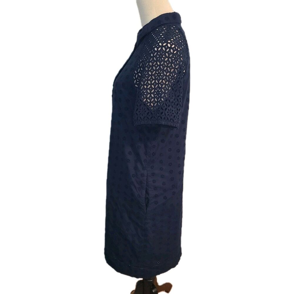 J Crew Navy Blue Eyelet Shirt Lined Dress Pockets SS Sz 8 Nautical Coastal - Picture 4 of 10